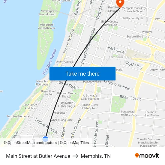 Main Street at Butler Avenue to Memphis, TN map