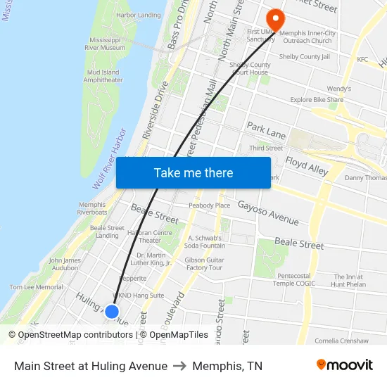 Main Street at Huling Avenue to Memphis, TN map