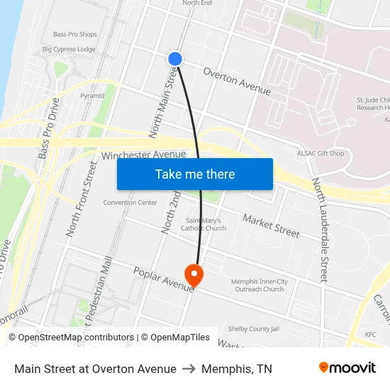 Main Street at Overton Avenue to Memphis, TN map