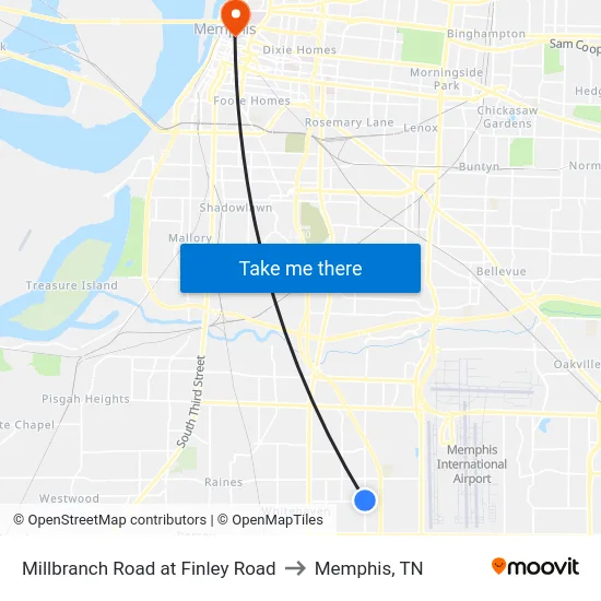 Millbranch Road at Finley Road to Memphis, TN map