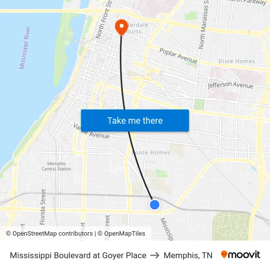 Mississippi Boulevard at Goyer Place to Memphis, TN map