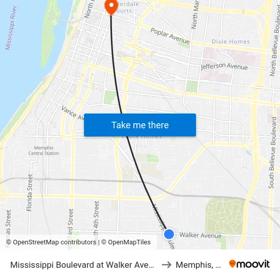 Mississippi Boulevard at Walker Avenue to Memphis, TN map