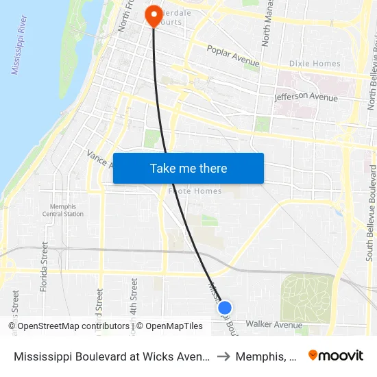Mississippi Boulevard at Wicks Avenue to Memphis, TN map