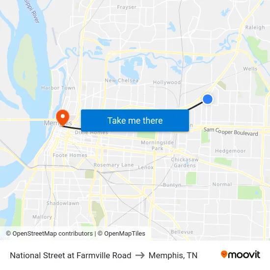 National Street at Farmville Road to Memphis, TN map