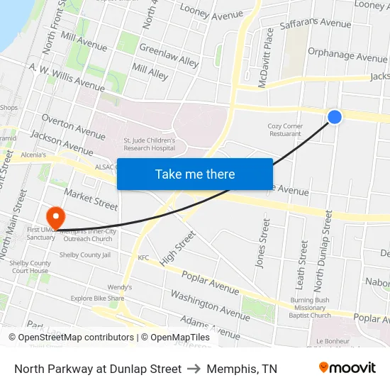 North Parkway at Dunlap Street to Memphis, TN map
