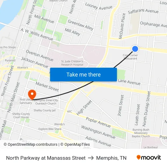 North Parkway at Manassas Street to Memphis, TN map