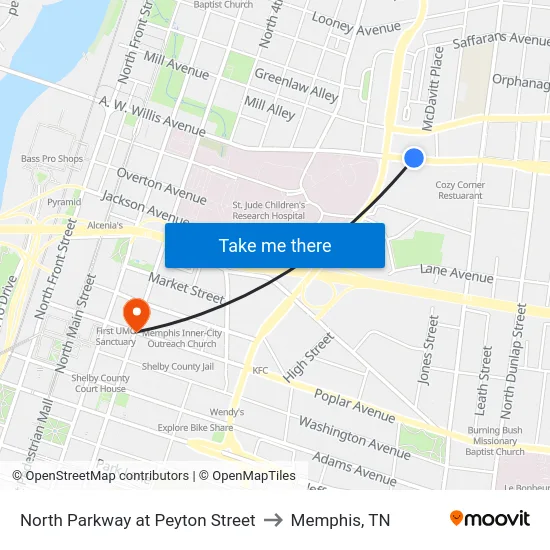 North Parkway at Peyton Street to Memphis, TN map