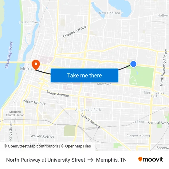 North Parkway at University Street to Memphis, TN map