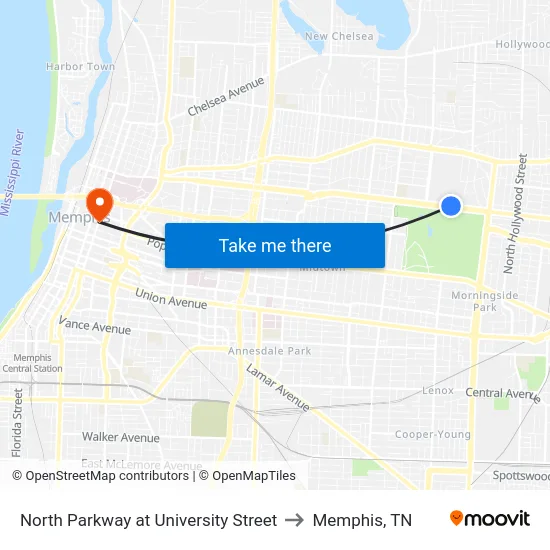 North Parkway at University Street to Memphis, TN map