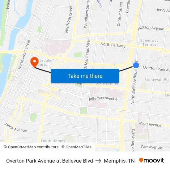 Overton Park Avenue at Bellevue Blvd to Memphis, TN map