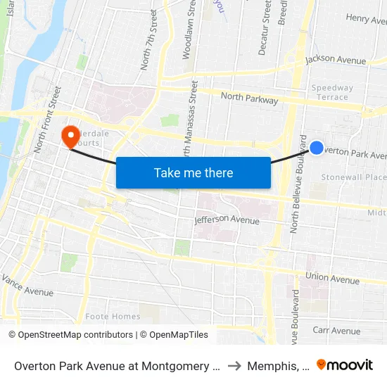 Overton Park Avenue at Montgomery Street to Memphis, TN map
