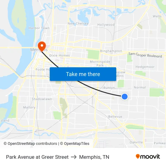 Park Avenue at Greer Street to Memphis, TN map