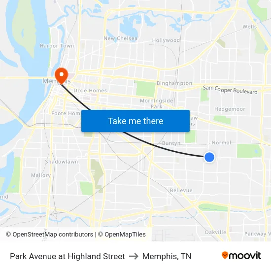 Park Avenue at Highland Street to Memphis, TN map