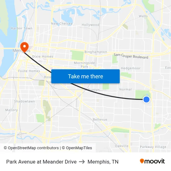 Park Avenue at Meander Drive to Memphis, TN map