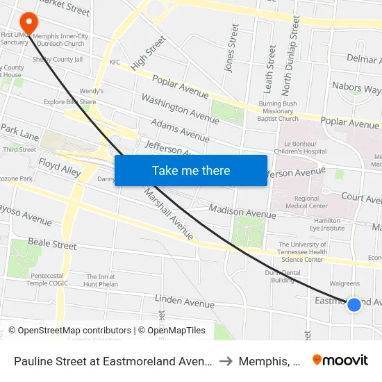 Pauline Street at Eastmoreland Avenue to Memphis, TN map