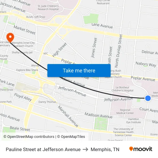 Pauline Street at Jefferson Avenue to Memphis, TN map