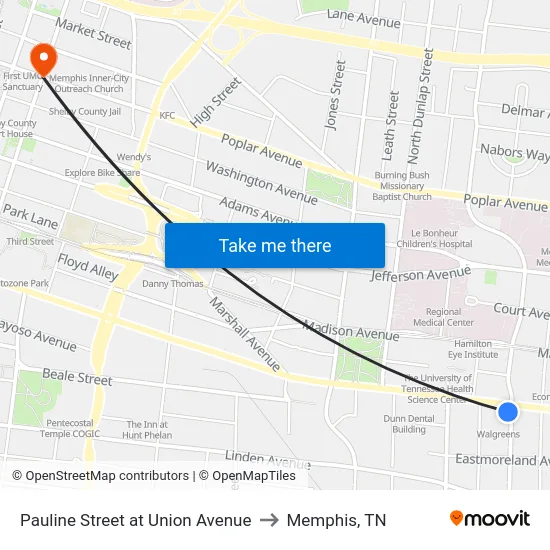 Pauline Street at Union Avenue to Memphis, TN map