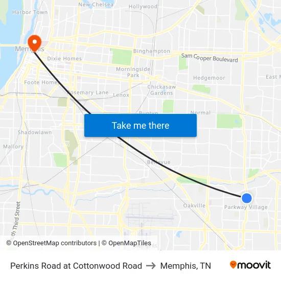 Perkins Road at Cottonwood Road to Memphis, TN map