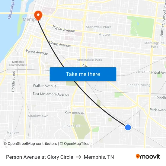 Person Avenue at Glory Circle to Memphis, TN map