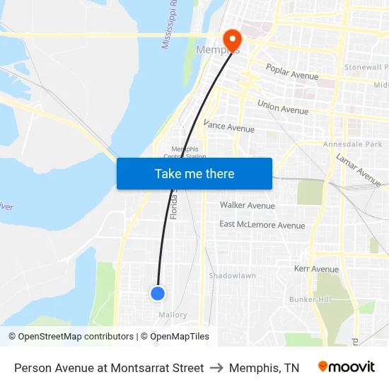 Person Avenue at Montsarrat Street to Memphis, TN map