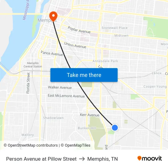 Person Avenue at Pillow Street to Memphis, TN map
