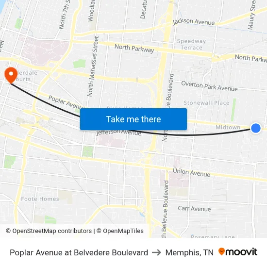 Poplar Avenue at Belvedere Boulevard to Memphis, TN map