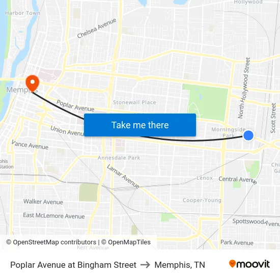 Poplar Avenue at Bingham Street to Memphis, TN map