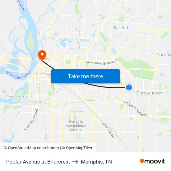 Poplar Avenue at Briarcrest to Memphis, TN map