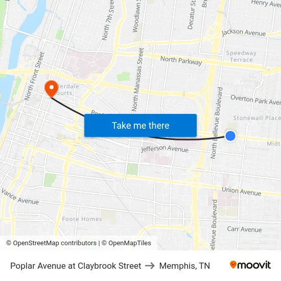 Poplar Avenue at Claybrook Street to Memphis, TN map