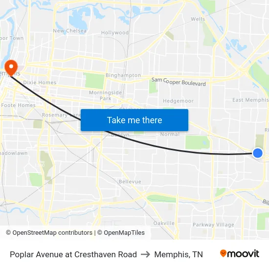Poplar Avenue at Cresthaven Road to Memphis, TN map