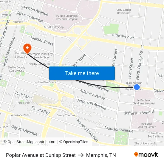 Poplar Avenue at Dunlap Street to Memphis, TN map