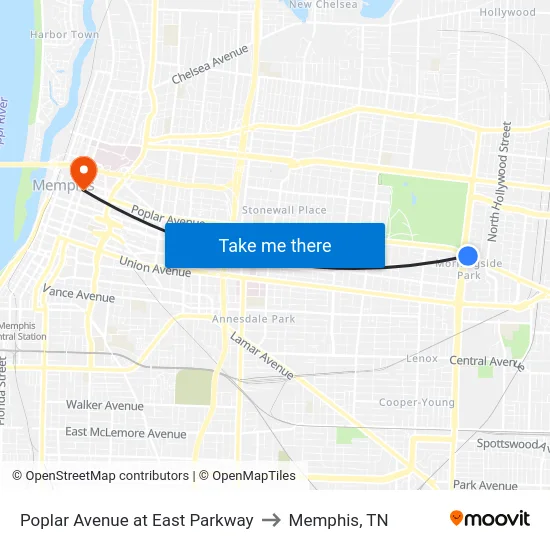 Poplar Avenue at East Parkway to Memphis, TN map