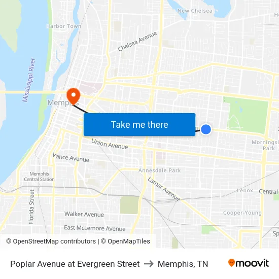 Poplar Avenue at Evergreen Street to Memphis, TN map