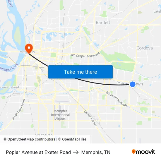 Poplar Avenue at Exeter Road to Memphis, TN map