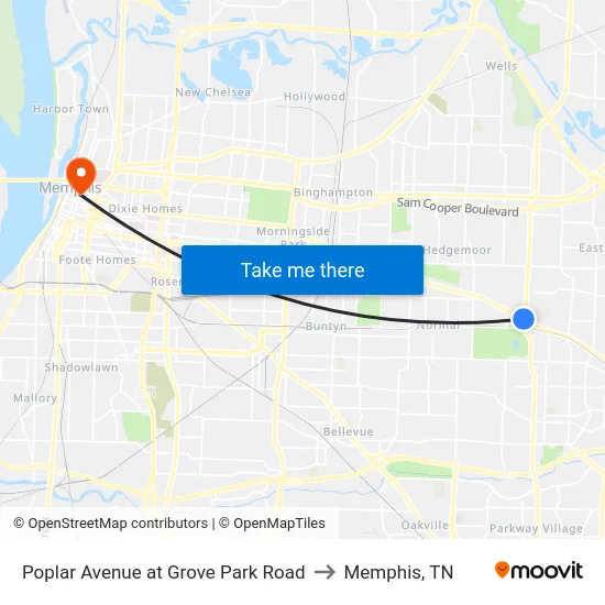 Poplar Avenue at Grove Park Road to Memphis, TN map