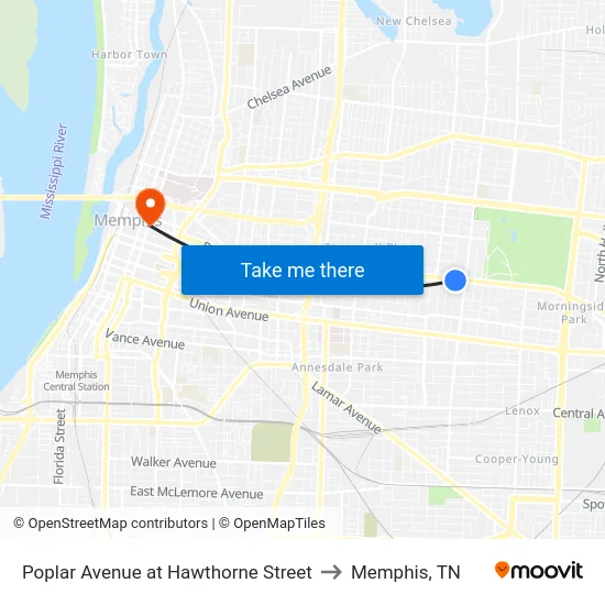 Poplar Avenue at Hawthorne Street to Memphis, TN map