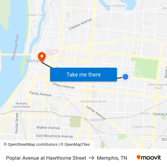 Poplar Avenue at Hawthorne Street to Memphis, TN map