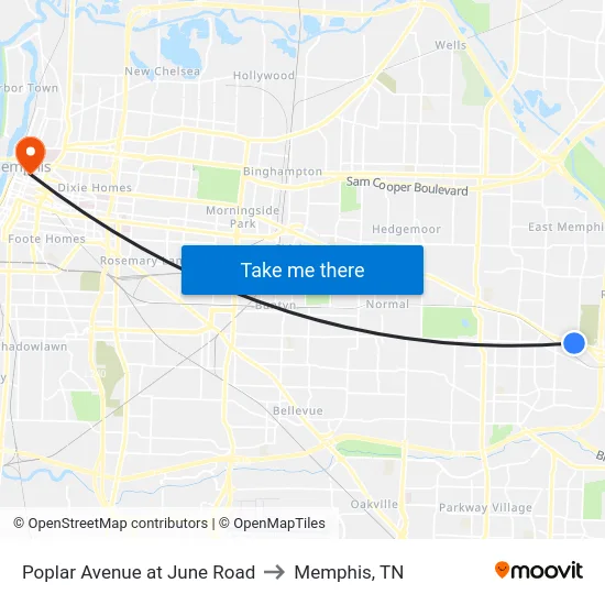Poplar Avenue at June Road to Memphis, TN map