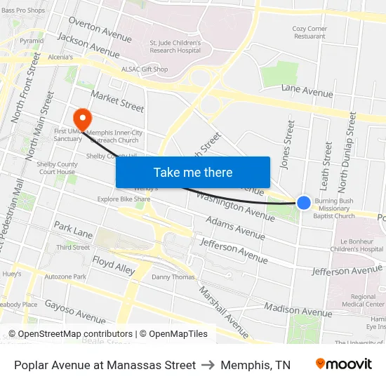 Poplar Avenue at Manassas Street to Memphis, TN map