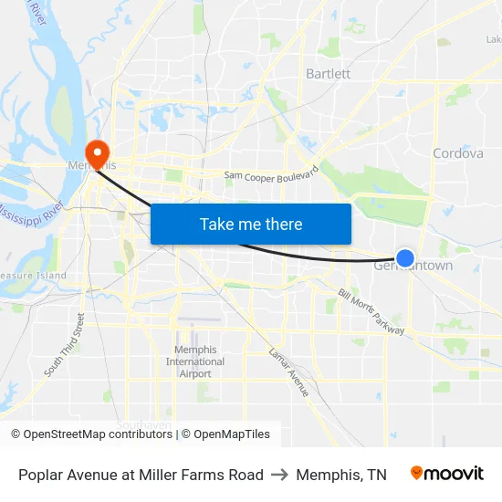 Poplar Avenue at Miller Farms Road to Memphis, TN map