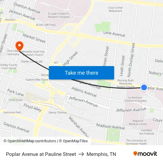 Poplar Avenue at Pauline Street to Memphis, TN map