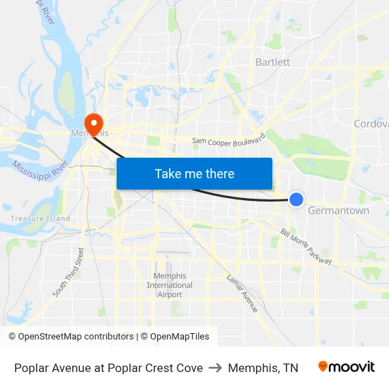 Poplar Avenue at Poplar Crest Cove to Memphis, TN map