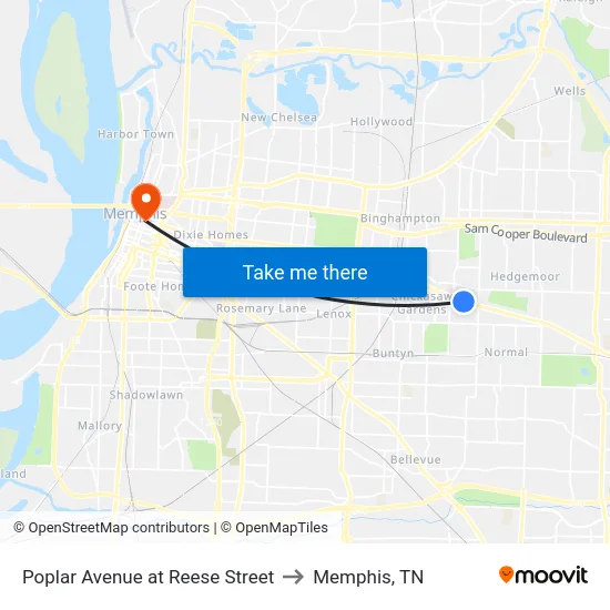 Poplar Avenue at Reese Street to Memphis, TN map