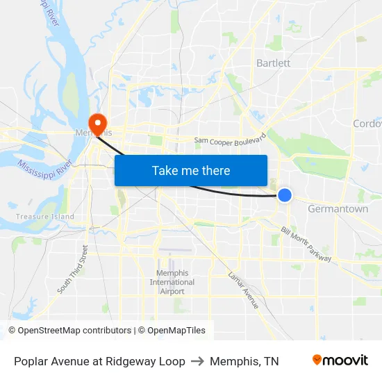 Poplar Avenue at Ridgeway Loop to Memphis, TN map