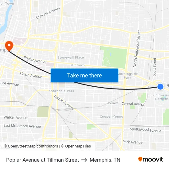 Poplar Avenue at Tillman Street to Memphis, TN map