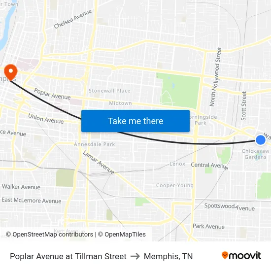 Poplar Avenue at Tillman Street to Memphis, TN map