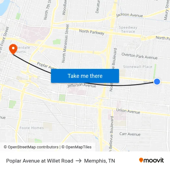 Poplar Avenue at Willet Road to Memphis, TN map