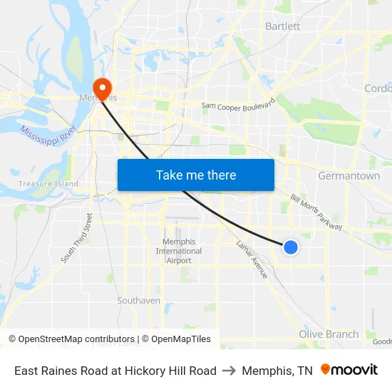 East Raines Road at Hickory Hill Road to Memphis, TN map