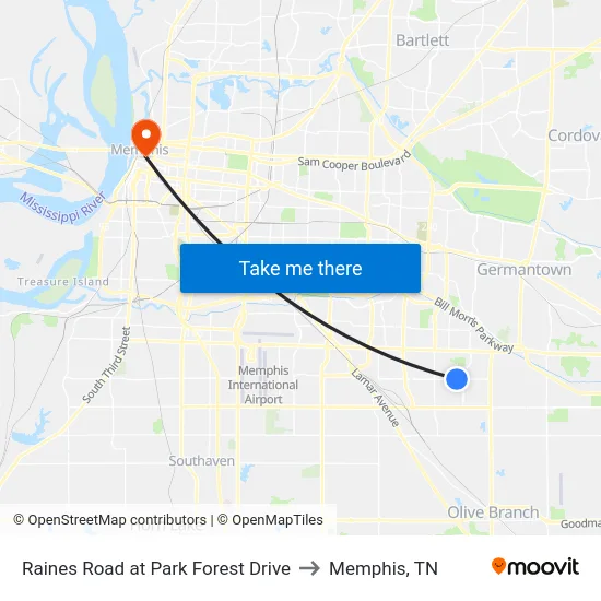 Raines Road at Park Forest Drive to Memphis, TN map