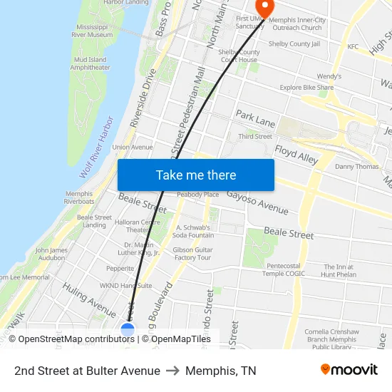 2nd Street at Bulter Avenue to Memphis, TN map